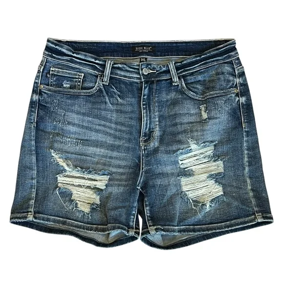 Judy Blue Women’s Sz 1X Distressed High Rise Denim Shorts Dark Wash Stretch - Picture 1 of 13